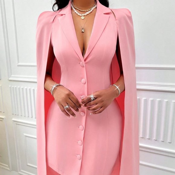 . Dresses & Skirts - Pink Preppy womens Lapel Neck Button Front Bodycon Dress With Cloak Sleeve